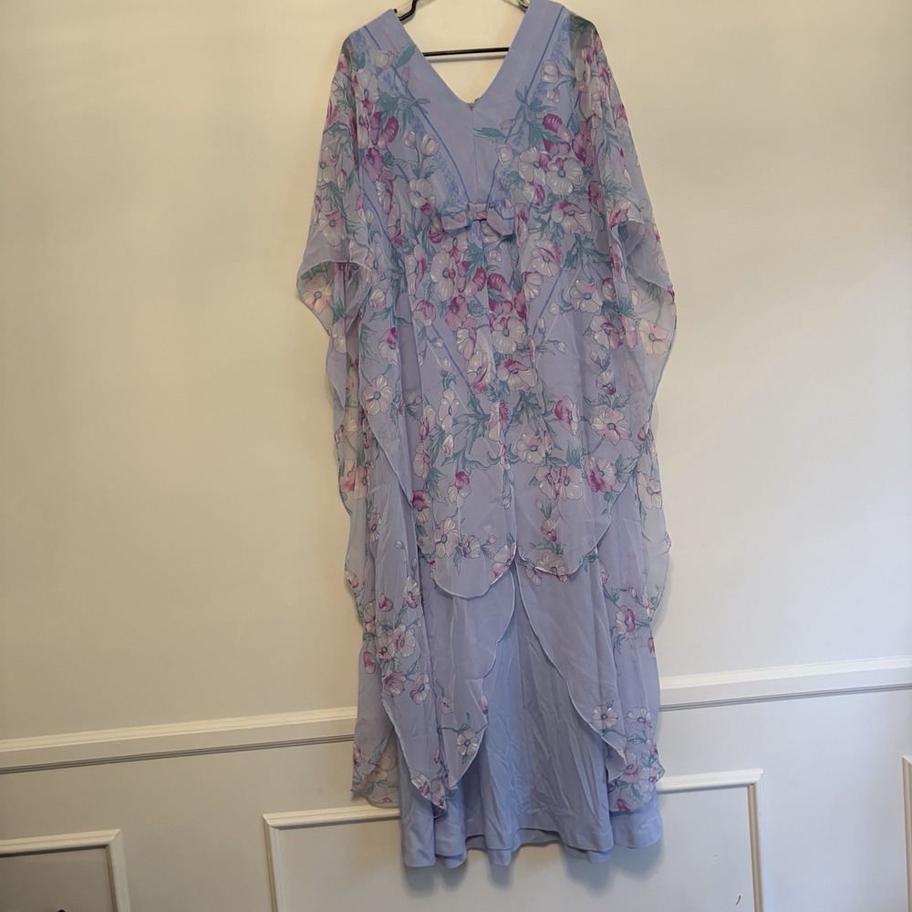 Vintage Lily Lynn Floral Chiffon Long Dress Pastel Blue Angel Sleeve Romantic